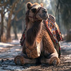 Elegant Camel in Desert Landscape: Resting Amidst Scenic Backdrop