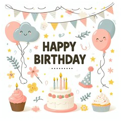 Birthday cards party with cupcakes and balloons image art realistic photo attractive illustrator.