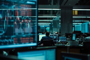 A busy stock exchange floor with brokers and traders monitoring tickers and graphs An empty digital screen in the foreground is perfect for custom text amidst the highenergy enviro