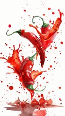 Watercolor red chili peppers with paint splashes isolated on white background.