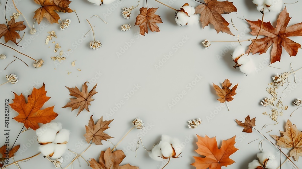 Poster autumn composition frame made of cotton flowers dried maple leaves on pastel gray background autumn 