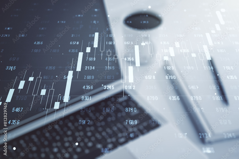 Poster Multi exposure of abstract statistics data hologram interface on computer background, computing and analytics concept