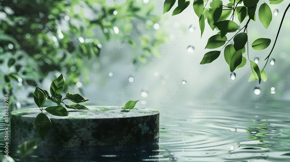 Poster empty round podium pedestal green leaves against the background of water with drops and ripples : ge