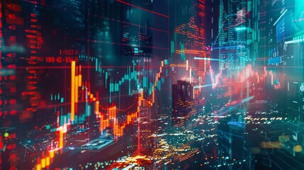 Fototapeta premium A colorful cityscape with a lot of red and green lines