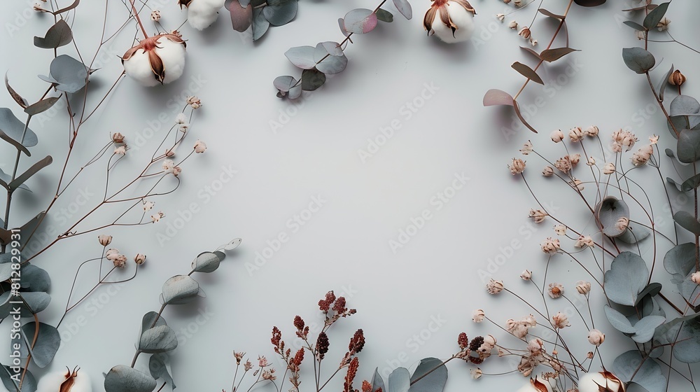 Poster autumn composition frame made of eucalyptus branches cotton flowers dried leaves on pastel gray back