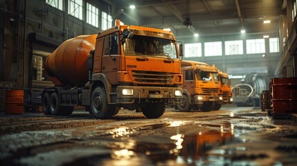 Detailed view of concrete mixer trucks in a dimly lit garage.
