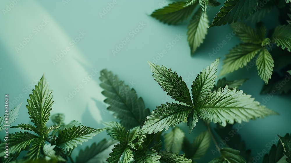 Poster creative nettle leaves layout with paper card note copy space minimal nature concept flat lay green 