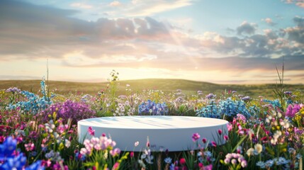 White Podium Among Colorful Wildflowers at Sunset