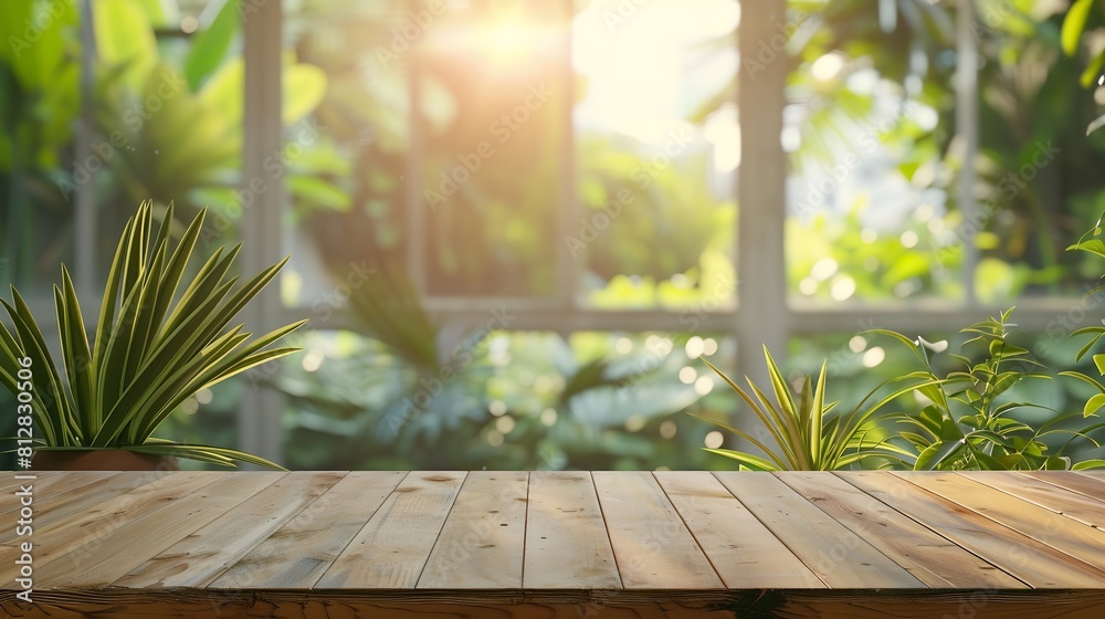 Poster empty wood table top on blur abstract green garden from window view in the morning for montage produ