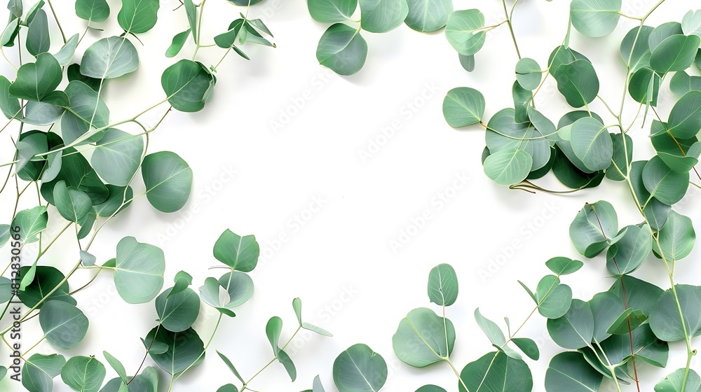 Poster green eucalyptus leaves frame banner top view isolated  on white background with copy space flat lay : Generative AI