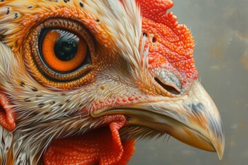 Detailed artwork showcasing the vivid textures and patterns of a chicken's face