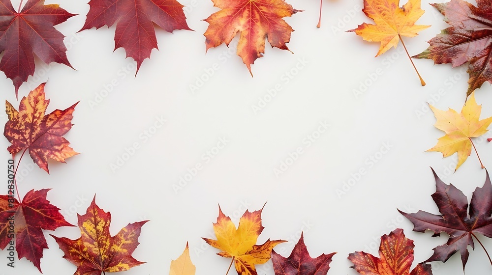 Poster autumn composition frame made of autumn maple leaves on white background flat lay top view copy spac