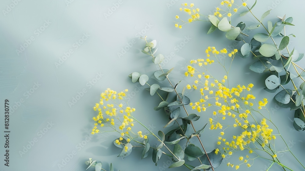 Poster flowers composition with fresh eucalyptus branches and yellow flowers easter spring summer concept f