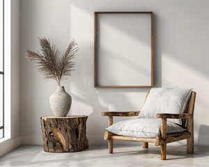 Contemporary Living Room: Modern Chair, Wooden Coffee Table, Vintage Rustic Wall Art