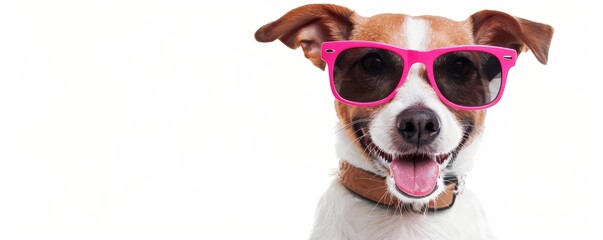 Jack Russell Terrier wearing pink round sunglasses looking up. Studio pet portrait
