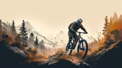 Mountain biking on rugged trails flat design side view adventure sport theme 3D render Monochromatic Color Scheme