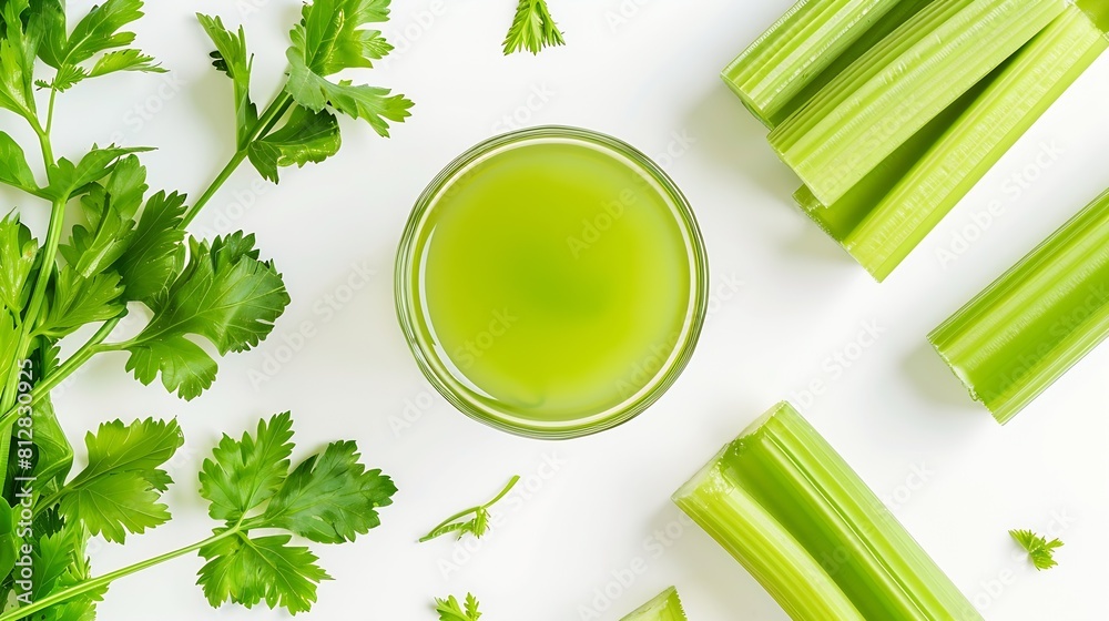 Poster Fresh green celery and glass with celery juice isolated on white background Creative layout Healthy eating and dieting food concept Design element Top view flat lay : Generative AI