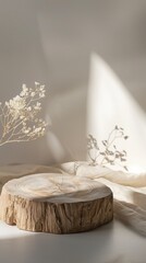 Serene Wooden Podium with Delicate Dried Flowers in Soft Natural Light