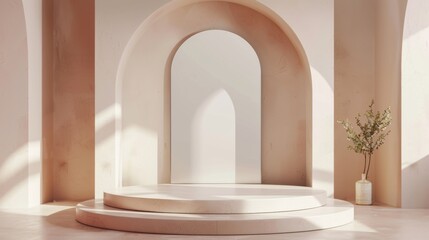 Elegant Arched Display with Warm Sunlight and Delicate Blossoms in a Modern Interior