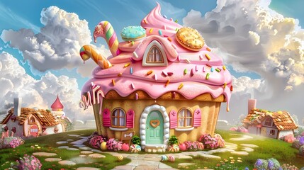 Whimsical Candy Colored Fairytale Cottage in Enchanted Dreamscape Landscape