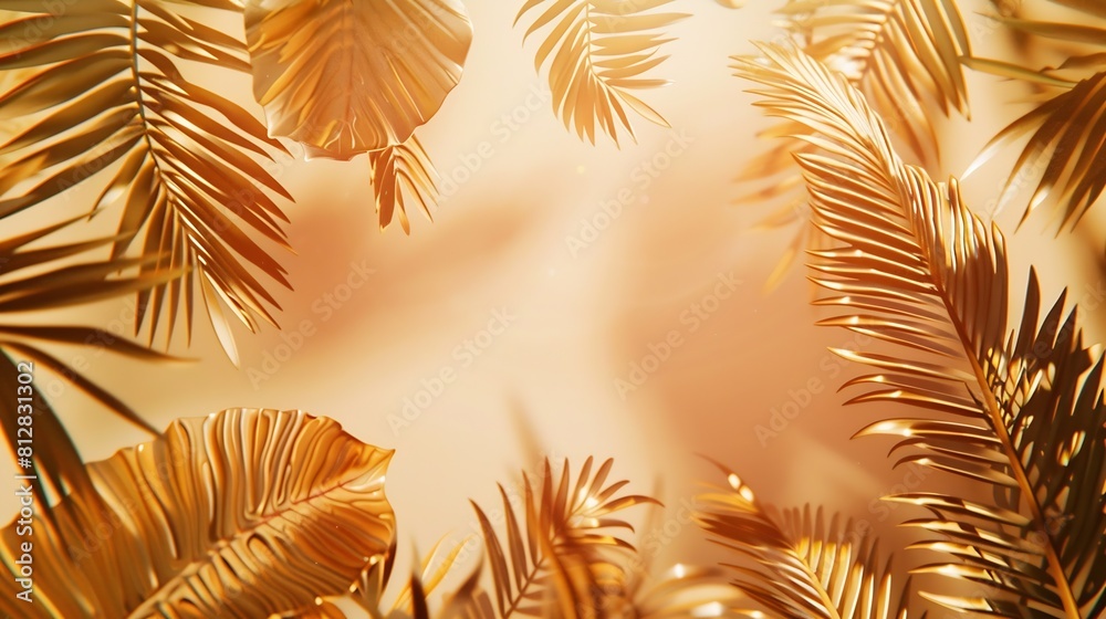 Poster Creative layout made of colorful and golden tropical leaves and palms on beige background Minimal summer exotic concept with copy space Border arrangement background : Generative AI