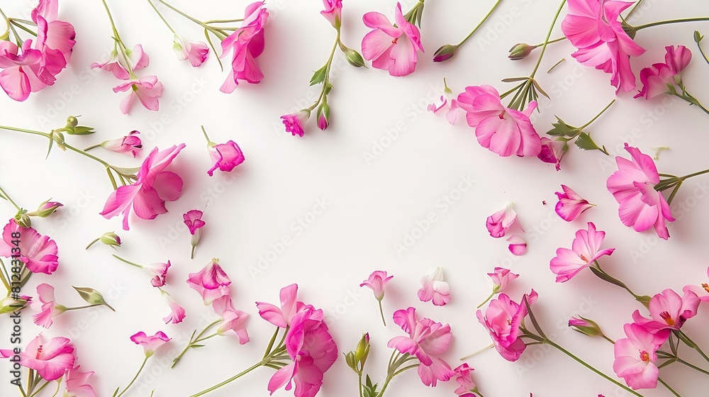 Poster flowers composition frame made of pink flowers on white background valentines day background flat la