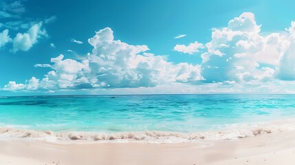 Obraz premium Beautiful beach with white sand turquoise ocean water and blue sky with clouds in sunny day Panoramic view Natural background for summer vacation : Generative AI