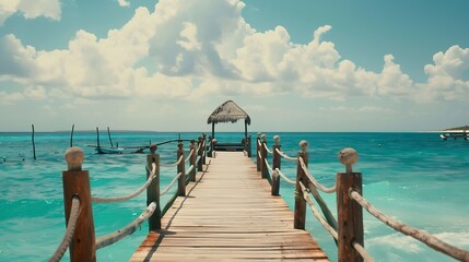 Naklejka premium Paradise Vacations And Tourism Concept Tropical Resort Jetty on Isla Mujeres MexicoCancun : Generative AI