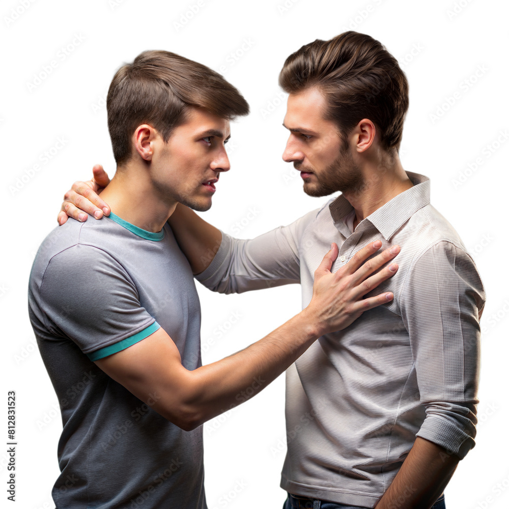 Poster Two Young Men Engaging in a Serious Conversation Indoors During Daytime