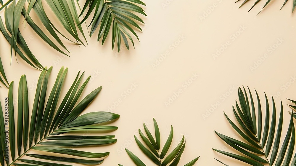 Poster tropical palm leaves on ivory background summer concept flat lay top view copy space : generative ai