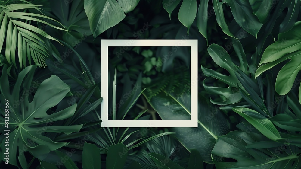 Poster Square frame with leaves and Square frame background Creative layout made of tropical and leaves with green paper card note Blank for advertising card or invitation Flat lay Nature con : Generative AI