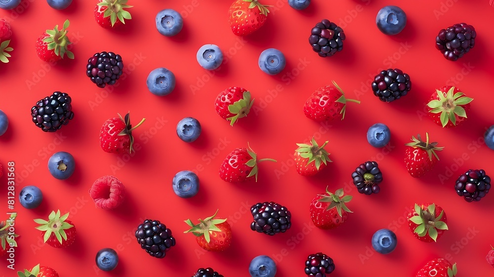 Poster colorful fruit pattern of wild berries on red background creative summer fruit concept strawberries 