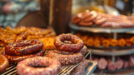 Various meat sausage rings and barbeque sticks on display Meat products on display for sale in butchers table : Generative AI
