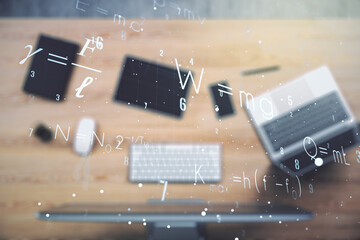 Creative scientific formula concept on modern laptop background. Multiexposure
