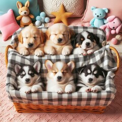 Many puppies in a basket art photo attractive card design illustrator illustrator.