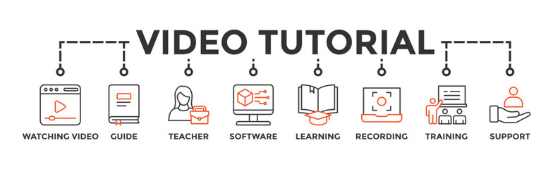 Video tutorial banner web icon vector illustration concept with icon of watching video, guide, teacher, software, learning, screen recording, online training, support