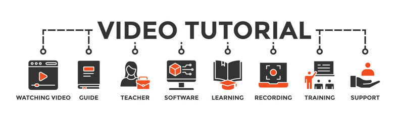 Video tutorial banner web icon vector illustration concept with icon of watching video, guide, teacher, software, learning, screen recording, online training, support