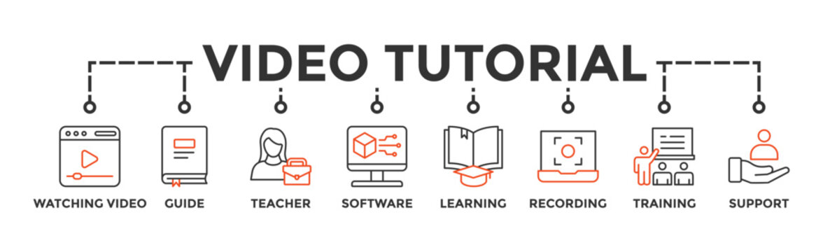 Video tutorial banner web icon vector illustration concept with icon of watching video, guide, teacher, software, learning, screen recording, online training, support