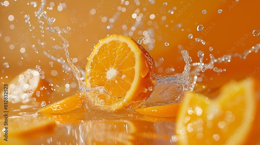 Poster Creative layout made from Fresh Sliced oranges and Orange fruit and water Splashing on a orange background : Generative AI