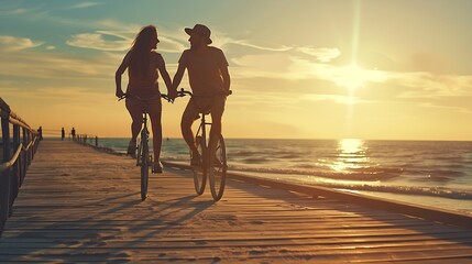 Couple of young hipsters cycling together at the beach at sunrise sky at wooden deck summer time : Generative AI