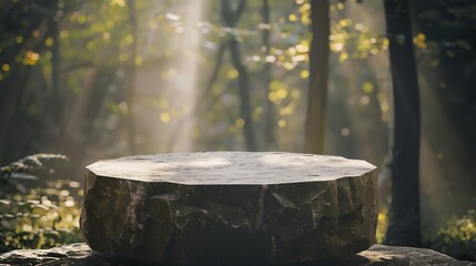 Flat stone podium in the magical forest  empty round stand background : Generative AI