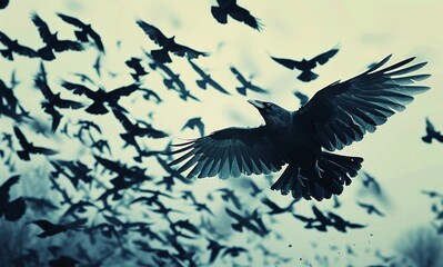 Awe-inspiring Flight: Melancholic Black Silhouette of a Bird Amidst a Flock, Against the Backdrop of an Overcast Sky and Crowds Below