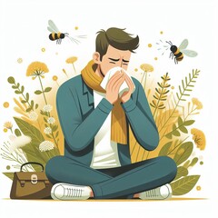 Poster about allergy to flowers. Man sneezes from plant pollen