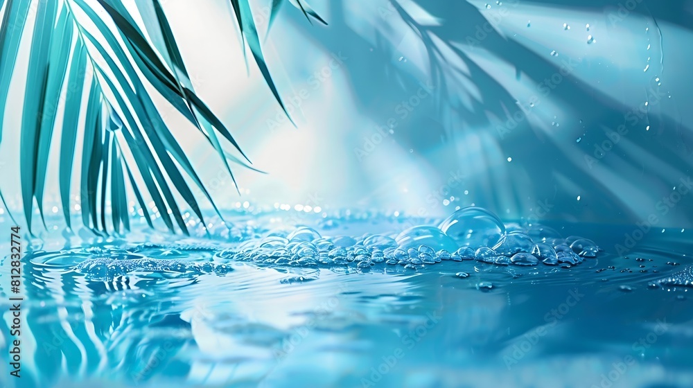 Poster pure water surface texture on blue wall studio with light shadow palm leaves backdroppodium display 