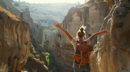 Woman outdoor exploring Tazi canyon in Turkey travel lifestyle hiking in mountains girl hiker raised hands active summer vacations backpacking : Generative AI