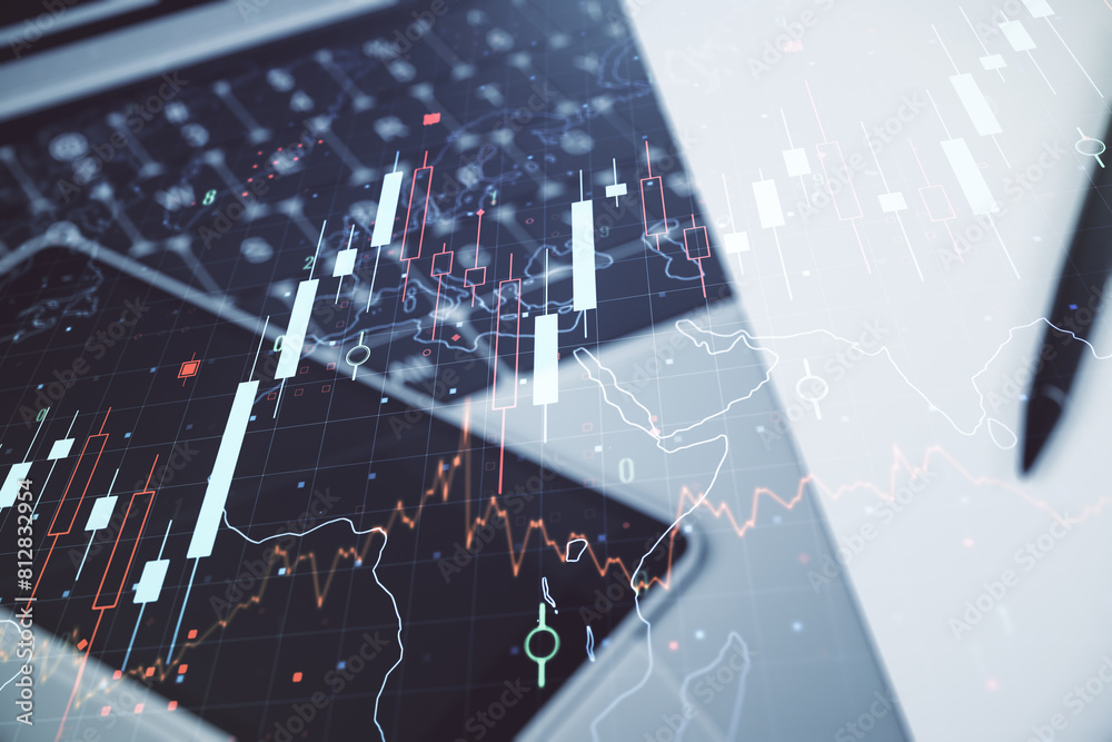 Poster double exposure of abstract creative financial diagram with world map on computer background, bankin