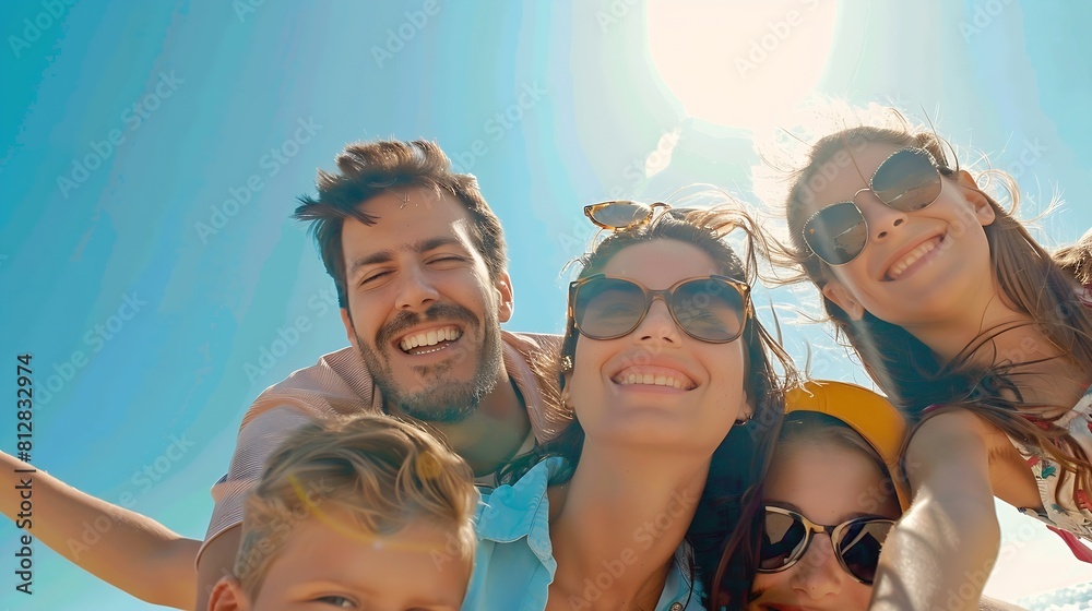 Wall mural happy family on summer vacation low angle view portrait of happy people against blue sky background  - Wall murals