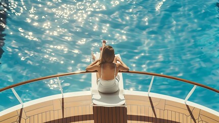 Fashionable woman sitting by the pool on the empty deck of a cruise liner Closeup outdoor view from above Vacation and travel concept : Generative AI