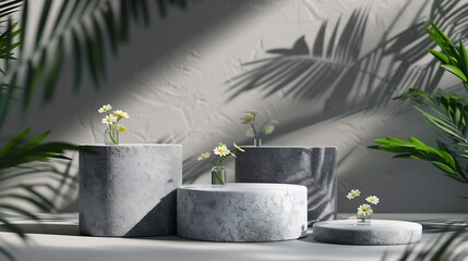 Gray podiums in cylinder and round shape decorated with Feverfew flowers and blocks of stone Tropical leaf shadow Stage showcase on minimal podium display : Generative AI