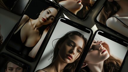 Isolated mobile phones with single photo and photo gallery of beautiful female model shown on screens : Generative AI